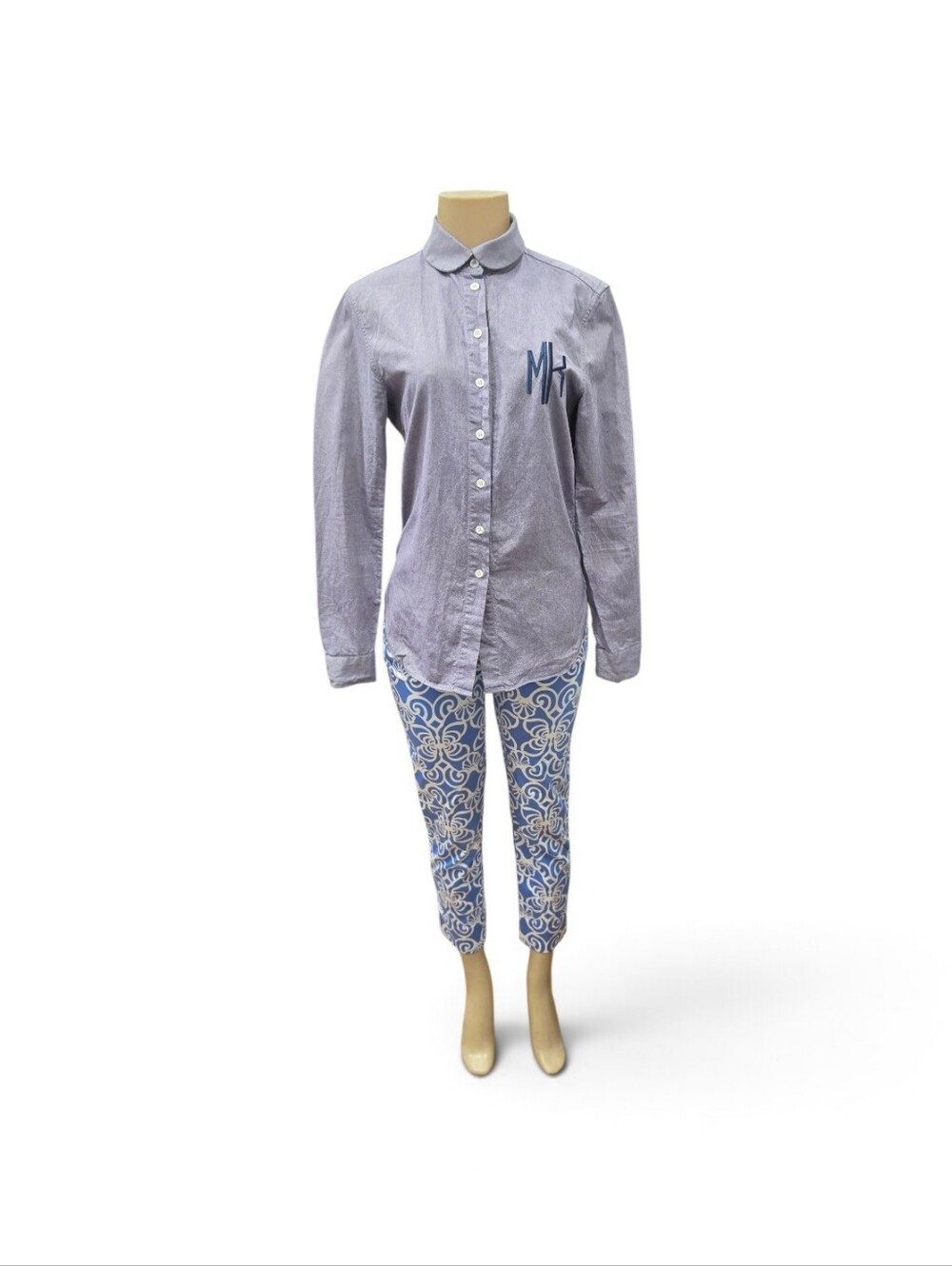 ​Maison Kitsune Paris Women Blue Oxford Button Shirt‎ Peter Pan Collar 36 Small